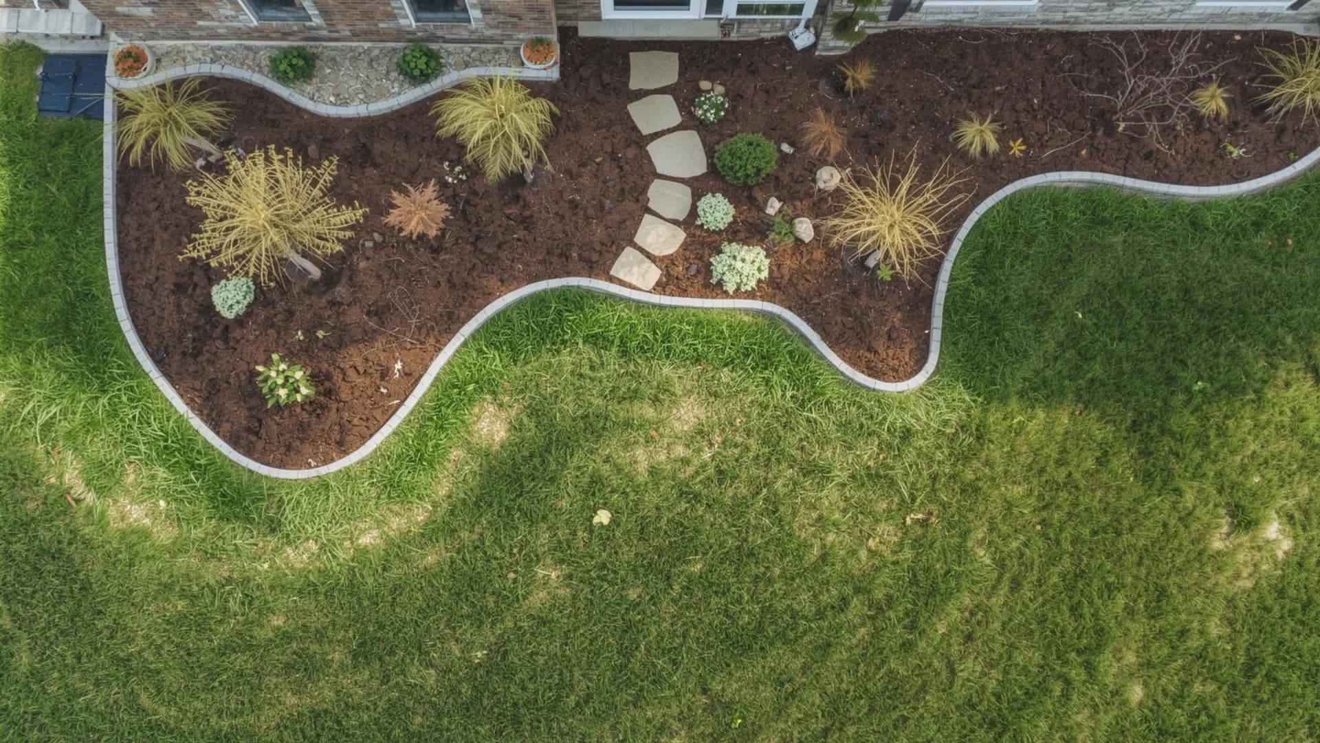 Aerial view of garden bed with mulch
