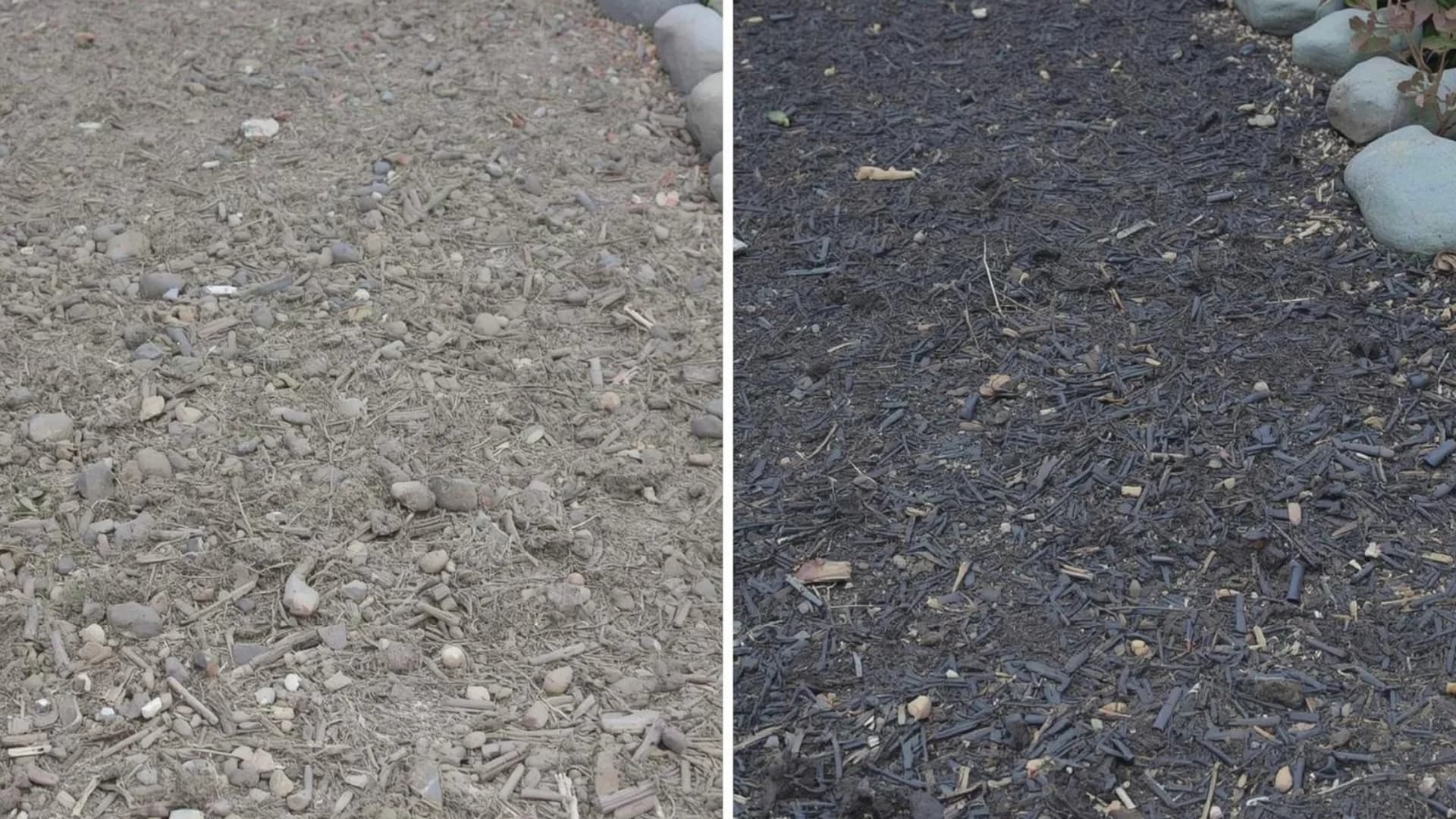 Before and after comparison of old versus fresh mulch installation