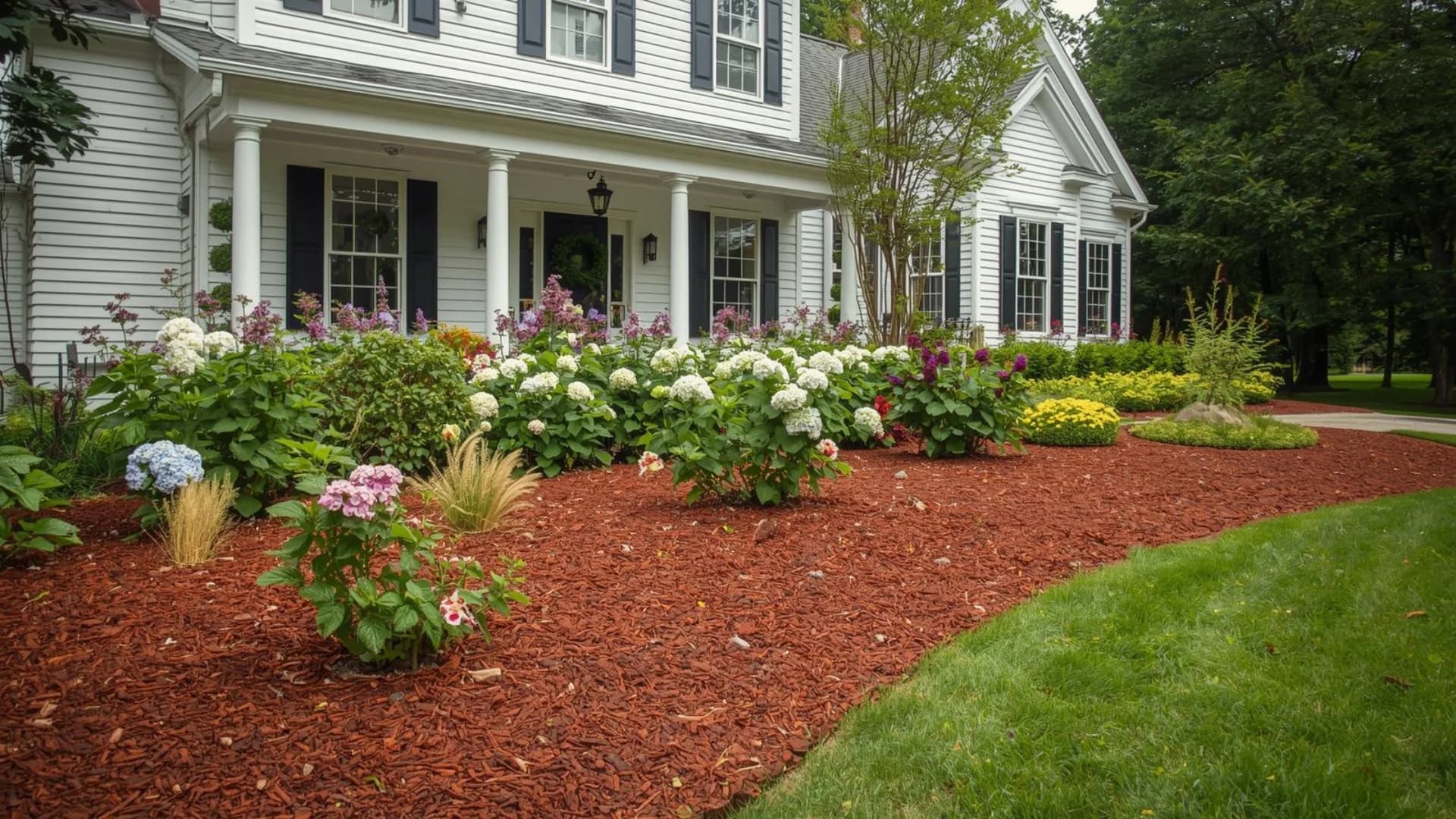 Colonial home with mulched landscape